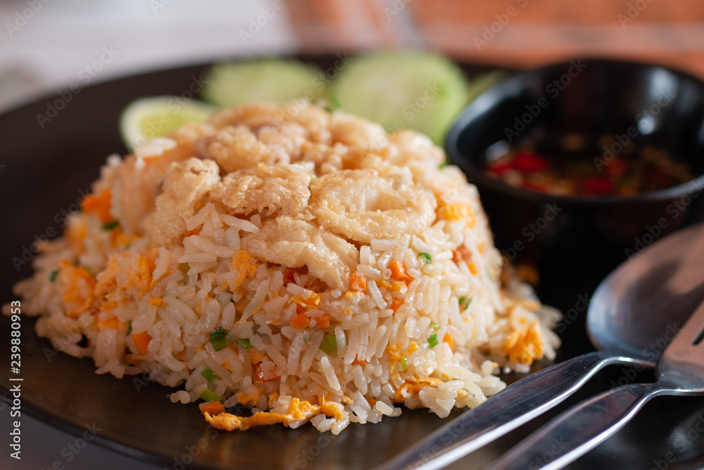 Prawn with fired rice in ceramics plate Prawn with fired rice in ceramics plate