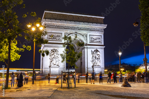 Triumphal arch (Arc de Triomphe) at night, Paris, France