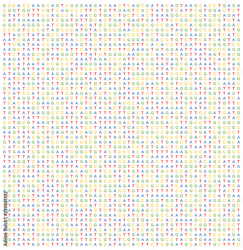 Letters A C G T arranged randomly. ACGT represent nucleobase adenine, cytosine, guanine and thymine found in DNA. Can be used as seamless genetic code science background/pattern.