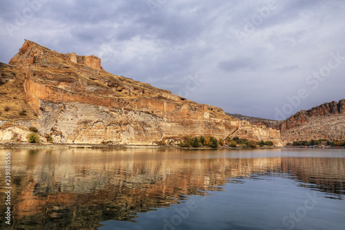 Landscape of Halfeti in the foreground Euphrates River and Sunken Mosque. Sanliurfa, Gaziantep in Turkey