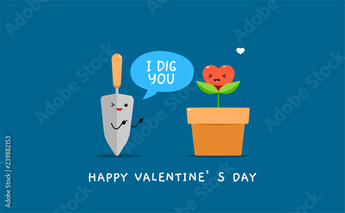 A garden shovel with heart shaped plant on vase. Valentine's vector illustration