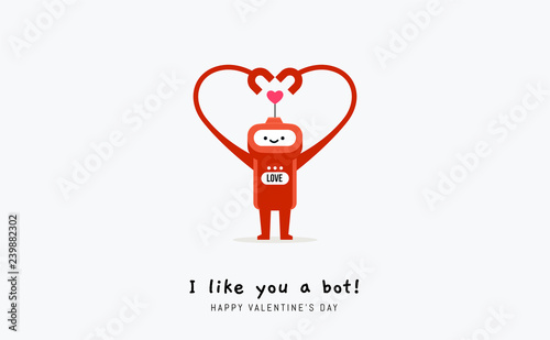 Red Robot with hands form a heart shape. Valentine's vector illustration