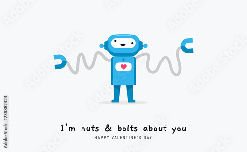 Blue Robot is waving hand. Valentine's vector illustration