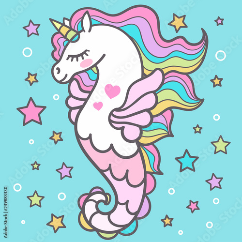 Beautiful seahorse among the stars. Unicorn. For design, prints, posters and so on. Vector