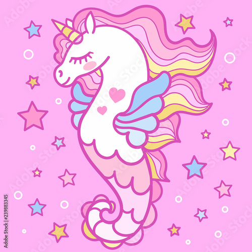 Beautiful seahorse on a pink background. Unicorn. For design  prints  posters and so on. Vector