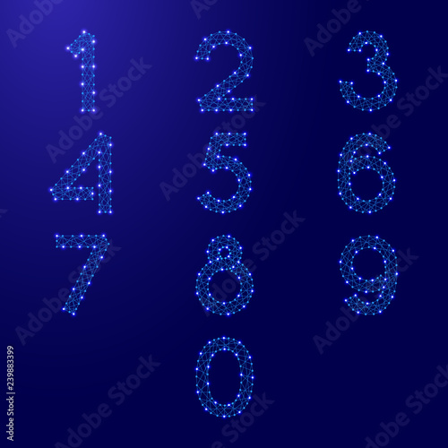 The numbers font set from 0 to 9 from futuristic polygonal blue lines and glowing stars for banner, poster, greeting card. Vector illustration.