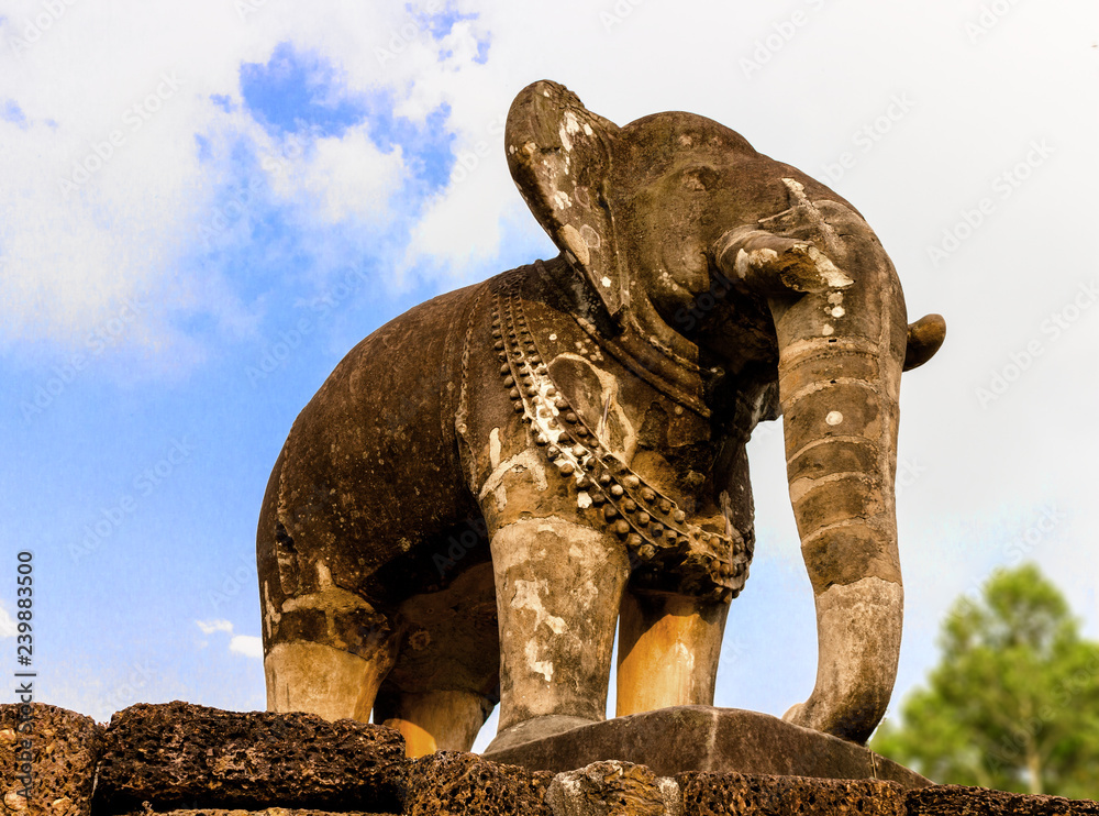 Ancient khmer stone Elephant sculpture in East Mebon temple in the of Angkor Wat complex in Siem Reap of Cambodia. Khmer architecture of Angkor Archaeological Park. UNESCO World Heritage site.