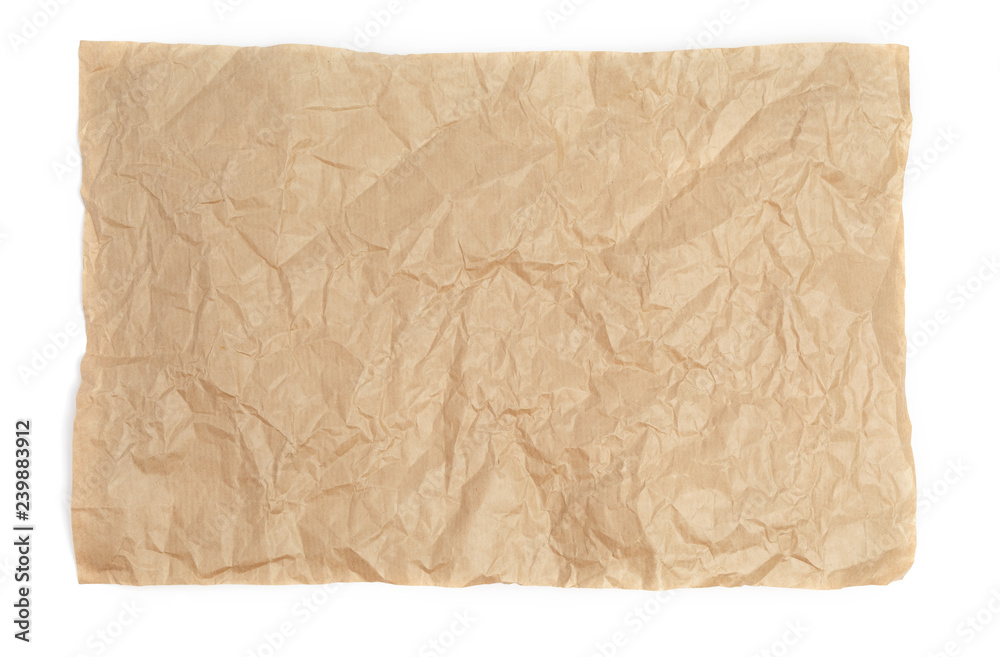 Crumpled sheet of kraft paper on a white background as a template for a backdrop Crumpled sheet of kraft paper on a white background as a template for a backdrop