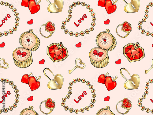 seamless pattern for the day of all lovers. gold gifts, jewels, diamonds, gold, bracelet, pendant, ring, golden phone