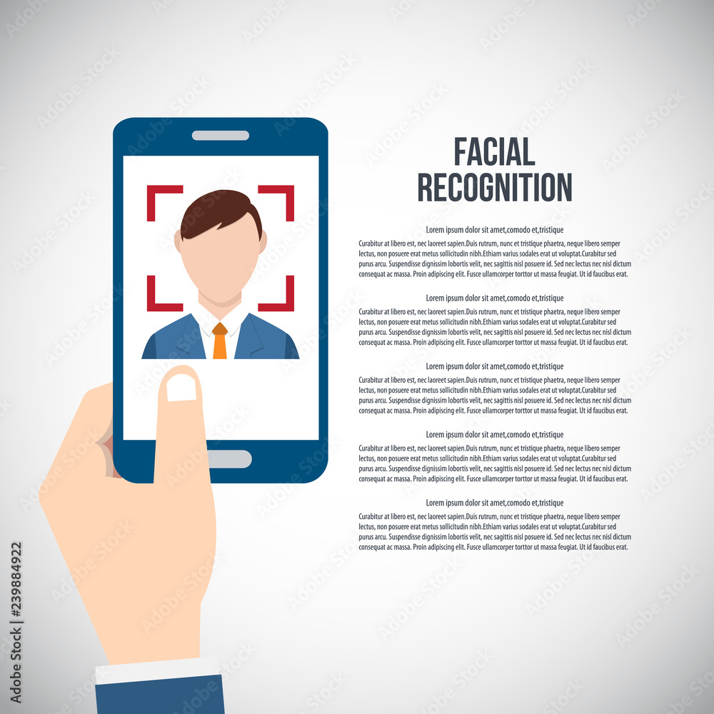 Facial recognition technology, Face ID concept, smart phone focus in a users face. EPS10 vector illustration in a flat style. Facial recognition technology, Face ID concept, smart phone focus in a users face. EPS10 vector illustration in a flat style.