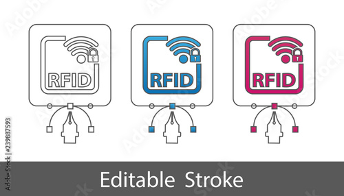 RFID Locked Symbol - Outline Styled Icon - Editable Stroke - Vector Illustration - Isolated On White Background