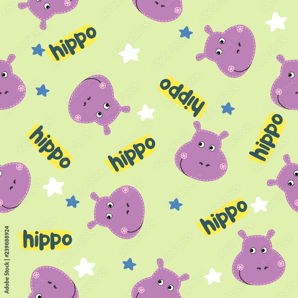 Fototapeta premium Seamless Cartoon Texture with hippo and stars (can be used as textile printing). Vector illustration. Cartoon animal head icon. Funny character.