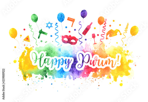 Happy Purim Jewish Holiday greeting card. Purim carnival set of watercolor design elements, icons isolated on white background. Vector illustration.