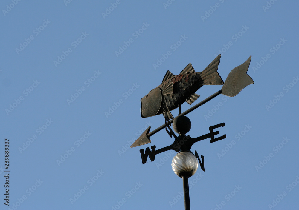 Rusty Old Fish Weather Vane with Blue Sky Background Rusty Old Fish Weather Vane with Blue Sky Background