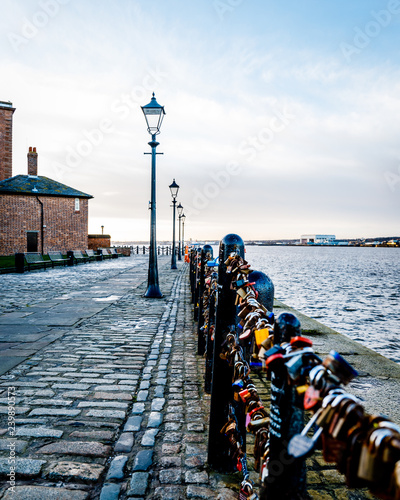 Walkway with many locks at Royal Albert Dock in Liverpool, United Kingdom