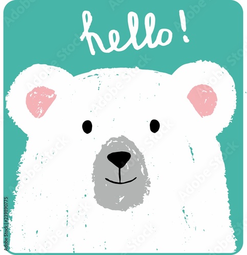 Cute card with lovely white bear drawn with colored crayons isolated on plain background. Hello! Vector hand drawn illustration
