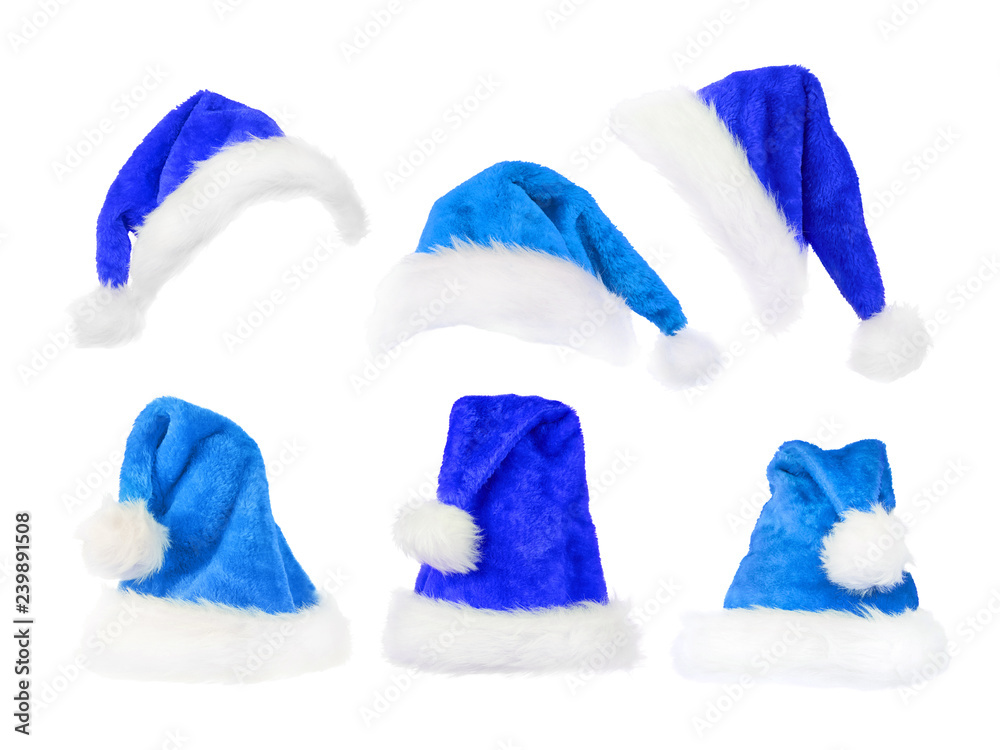 Cyan and blue christmas hats set isolated