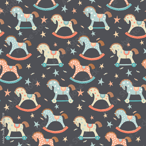 Seamless kids, baby rocking horse seamless pattern. First toys. Vector eps 10 illustration on dark. Cloth, wallpaper, wrapping, fabric, print , surface, baby shower design.