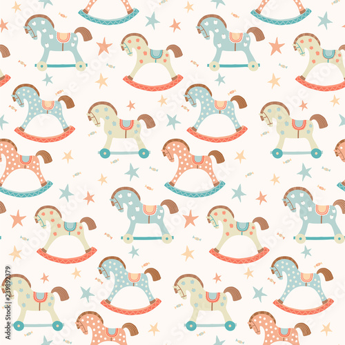 Seamless kids, baby rocking horse seamless pattern. First toys. Vector eps 10 illustration on white. Cloth, wallpaper, wrapping, fabric, print , surface, baby shower design. © Lubenica