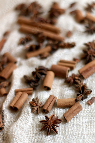 Cinnamon sticks and anise on beige tablelcloth. Fairy lights in the background. Selective focus.