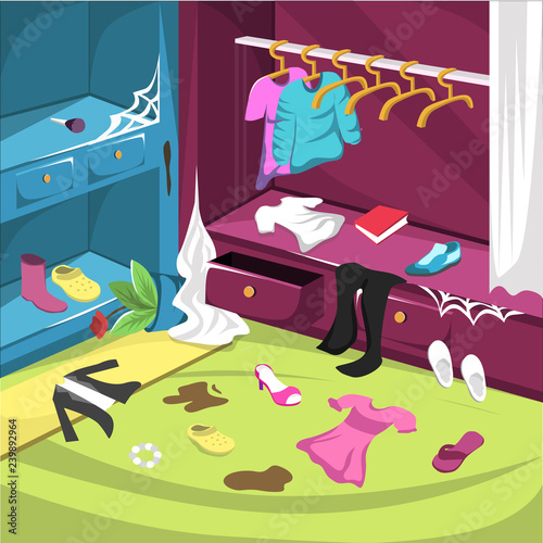 Vector Dirty Shoes Cupboard and Drees Room with jacket hanger, pair of shoes and white curtain for illustration Cartoon Interior ideas