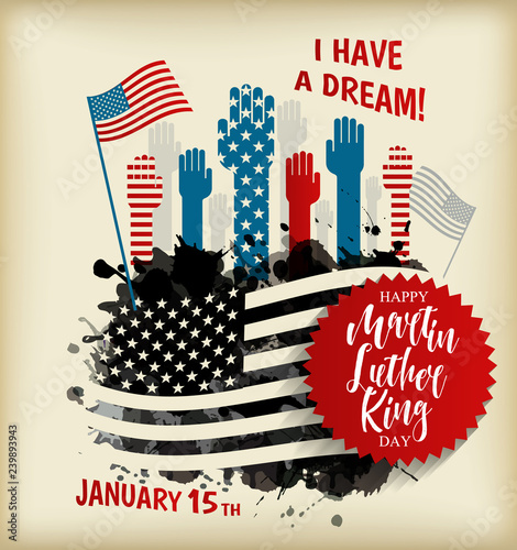 Martin Luther King Day flyer, banner or poster. Holiday background with waving flag in man s hand. Vector flat illustration. photo