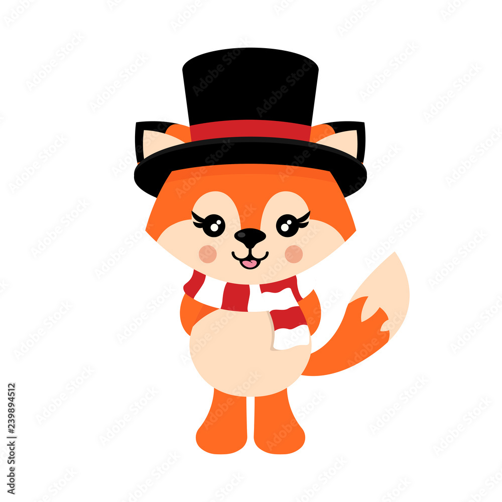 cartoon cute  fox vector with hat and scarf
