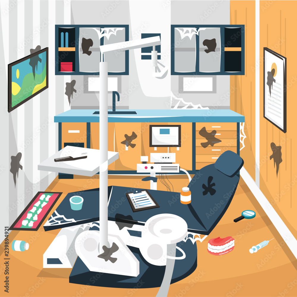 Dirty Dentist Room Dental Care Concept Hospital with full equipment