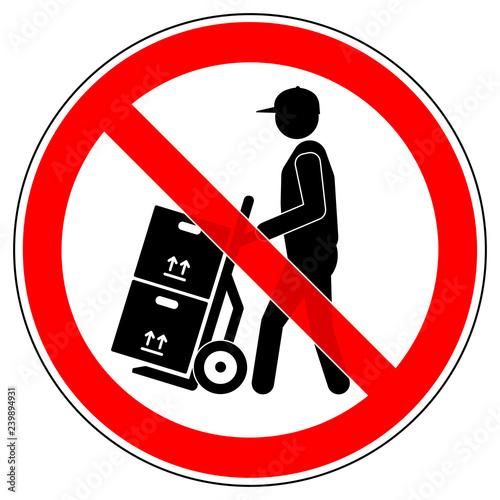 srr498 SignRoundRed - german - Verbotszeichen: Lieferung: Mann mit Stapelkarre und Kartons verboten - english - prohibition sign - delivery: man pushing hand truck / dolly prohibited - red g6889 photo