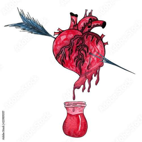 watercolor illustration with bleeding human heart pierced by an arrow.