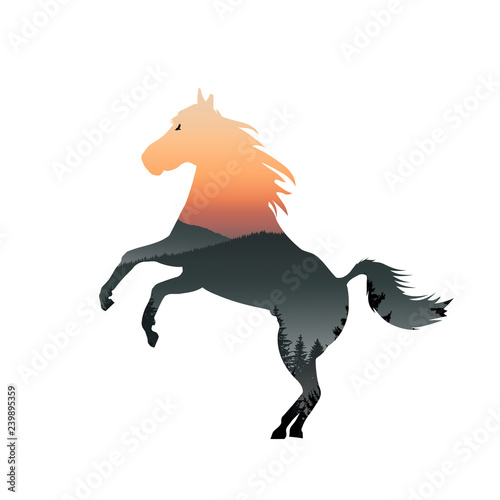 Silhouette of running horse with mountain landscape. Evening.