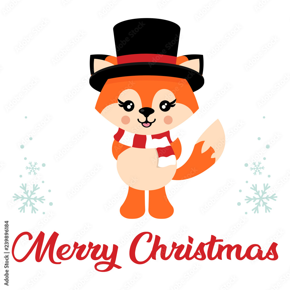 cartoon cute  fox vector with hat and scarf and christmas text