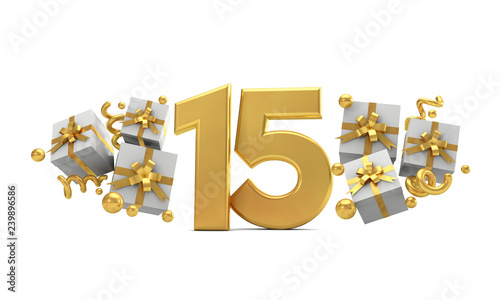 Number 15 gold birthday celebration number with gift boxes. 3D Rendering