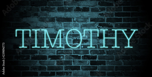 first name Timothy in blue neon on brick wall
