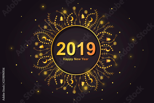 New Year banner design. Golden christmas shining background. 2019 new year.