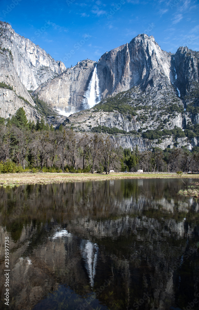 Yosemite Falls reflected in the Merced River Yosemite National Park