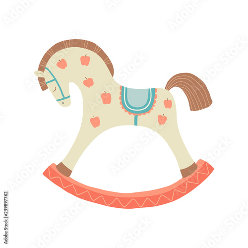 Cute rocking horse. Kids First Toys. Baby shower design element. Cartoon vector hand drawn eps 10 illustration isolated on white background.