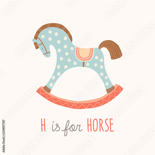 ABC Kids Wall Art. Toy Alphabet Card. Nursery alphabet poster wall art. Playroom decor. H is for Horse. Blue rocking horse. Cartoon vector clipart eps 10 illustration isolated on white background.