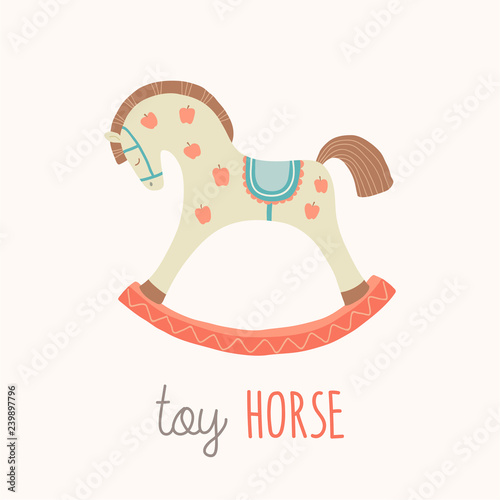 Toy horse flash card. Kids Wall Art. First word flashcard. Nursery first words poster wall art. Playroom decor. Cute rocking horse. Cartoon clipart eps 10 illustration isolated on white background.