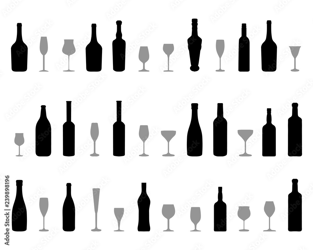 Black silhouettes of glasses and bottles of wine Black silhouettes of glasses and bottles of wine