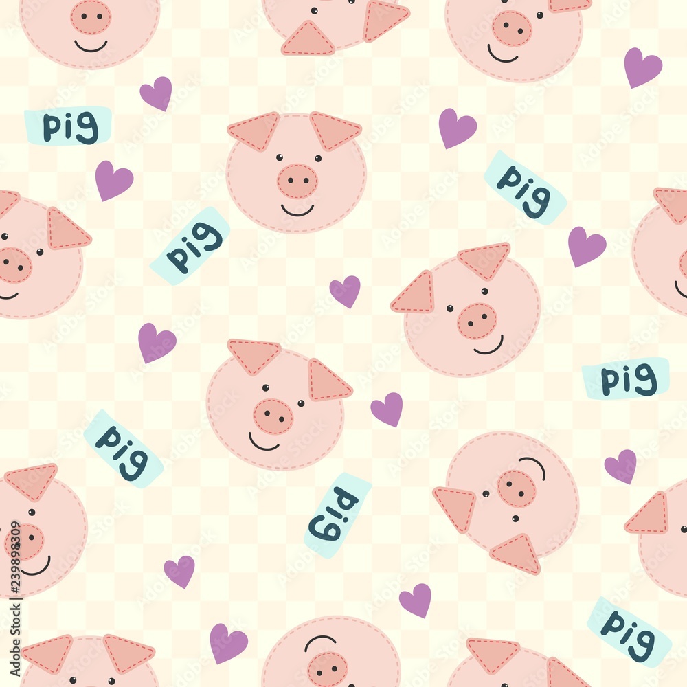 Seamless Cartoon Texture with pig and heart (can be used as textile printing). Vector illustration. Cartoon animal head icon. Funny character.