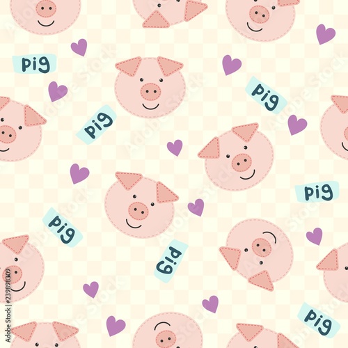 Seamless Cartoon Texture with pig and heart (can be used as textile printing). Vector illustration. Cartoon animal head icon. Funny character.