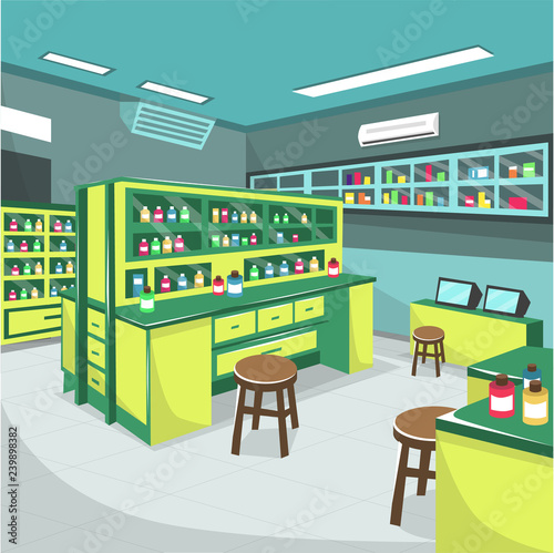 Medical Pharmacy Laboratory Hospital Room with Green Table Full of Midicine Stuff and Microscope for Cartoon Vector Illustration Ideas