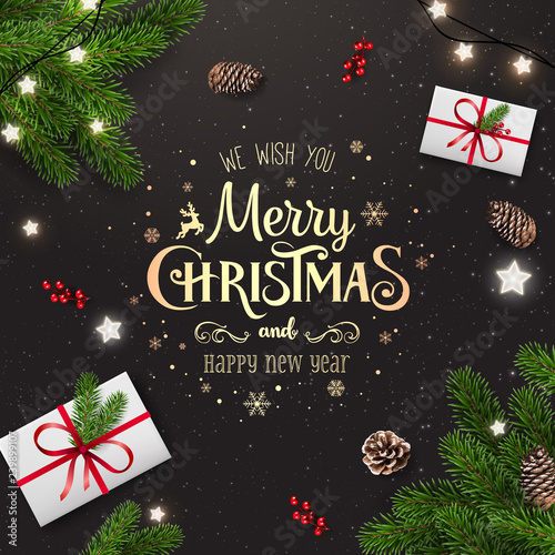 Gold Christmas and New Year Typographical on dark background with fir branches, gift boxes, pine cones, stars. Xmas  and New Year theme. Vector Illustration