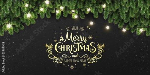 Gold Merry Christmas Typographical on black background with tree branches, light garland, stars, pine cones. Xmas and New Year theme. Vector Illustration