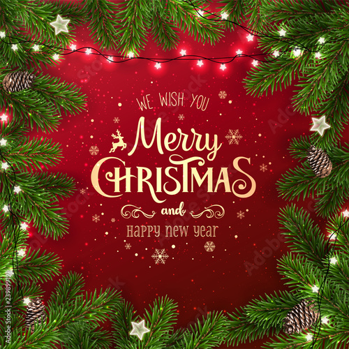 Creative frame made of Christmas fir branches. Gold Merry Christmas and New Year text on red background with lights, pine cones. Xmas and New Year card. Vector Illustration