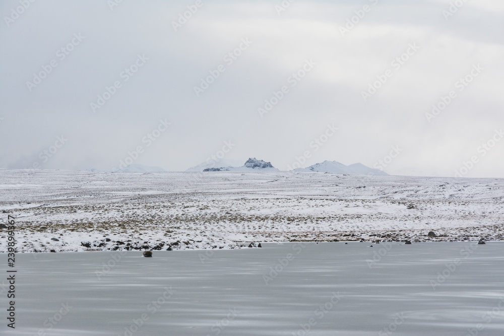 view of snowy landscape with frozen lake, Iceland