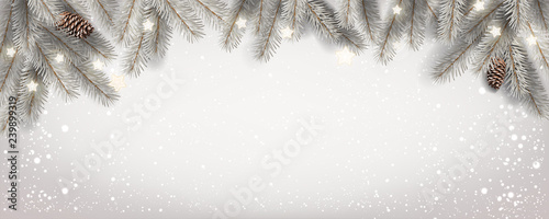 Christmas white snowy background with fir branches, stars, pine cones. Xmas and New Year theme. Vector Illustration