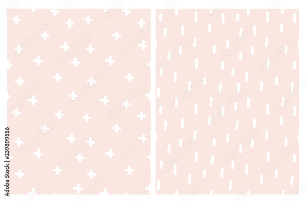 Set of 2 Cute Abstract Vector Patterns. White Stripes and Cross Sign on a Light Pink Background. Simple Hand Drawn Geometric Design. Funny Infantile Style Layouts. Pastel Colors Art. Set of 2 Cute Abstract Vector Patterns. White Stripes and Cross Sign on a Light Pink Background. Simple Hand Drawn Geometric Design. Funny Infantile Style Layouts. Pastel Colors Art.