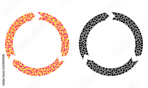 Pixel rotation mosaic icons. Vector rotation icons in bright and black versions. Collages of irregular circle spots. Vector collages of rotation icons created of irregular spheric particles.